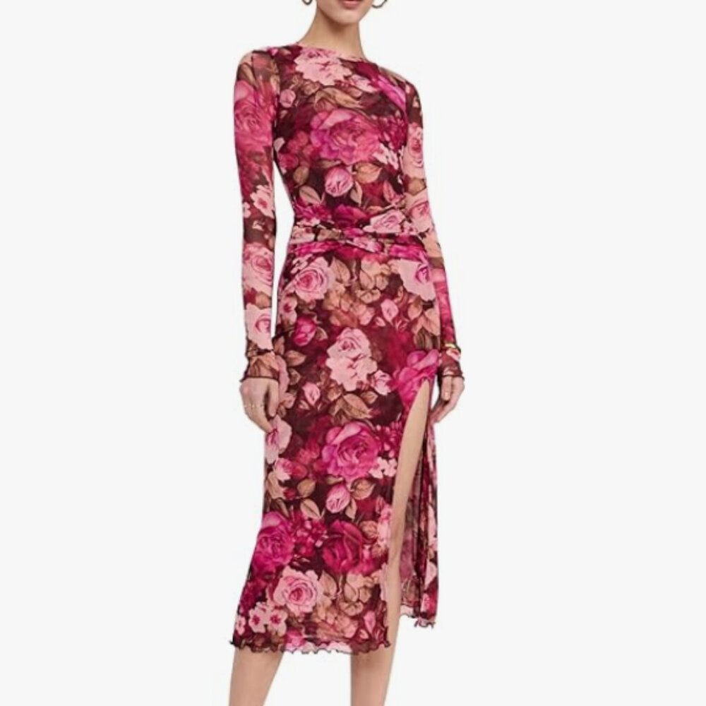 Free People Gianni Maxi Dress Medium Floral Mesh Ruched Midi Dress Long Sleeve